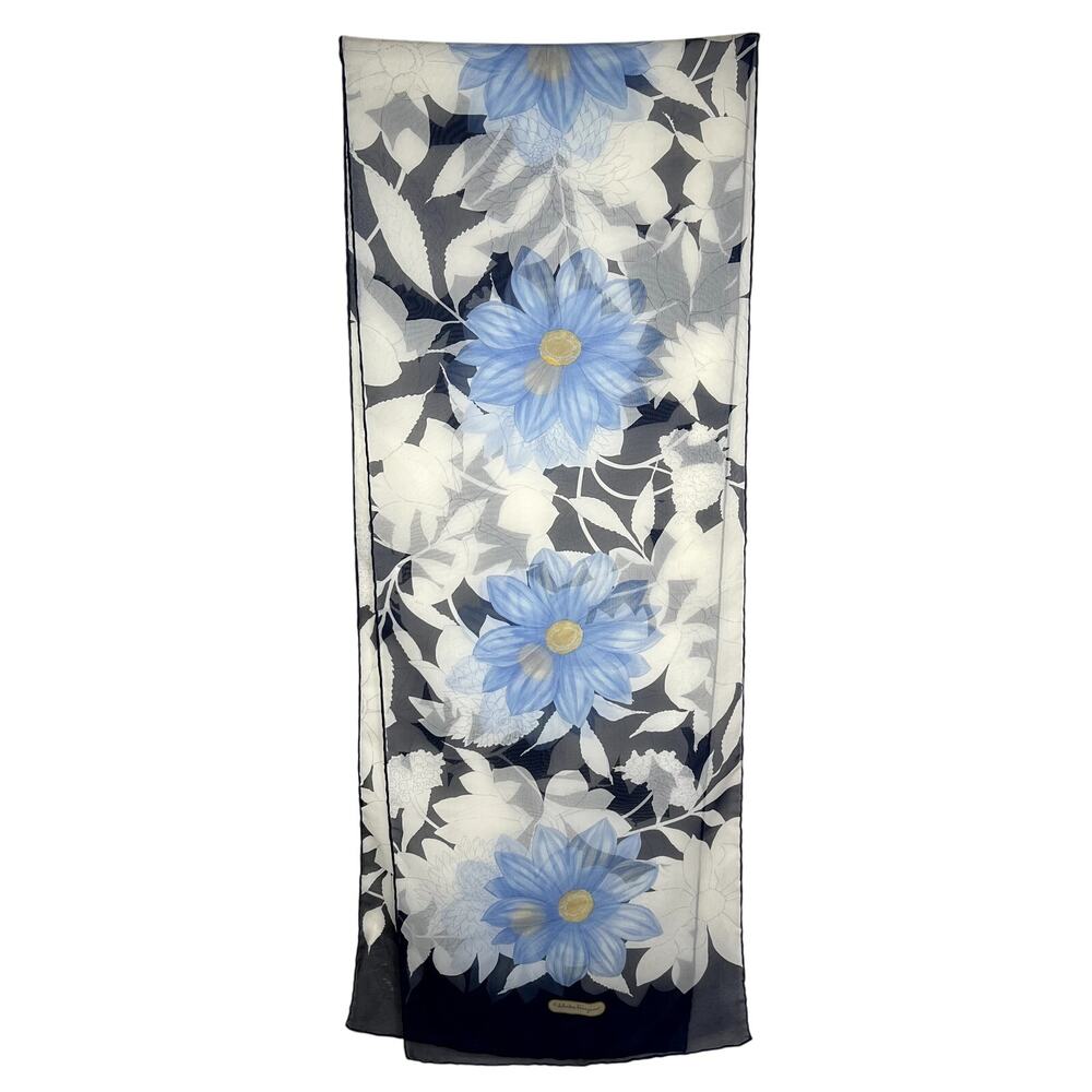 Salvatore Ferragamo Blue Daisy Flower Print Silk Chiffon Scarf Rectangle Long